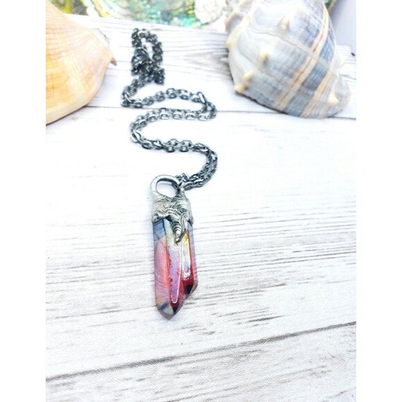 Red aura quartz crystal necklace handmade gothic fantasy metalwork jewelry - Picture 3 of 11
